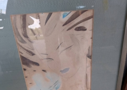 東郷青児の水彩画（女性像）を額装した作品。藤沢市片瀬山の空き家整理で発見された、美しい曲線と淡い色彩が特徴の日本画。