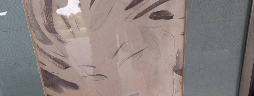 東郷青児の水彩画（女性像）を額装した作品。藤沢市片瀬山の空き家整理で発見された、美しい曲線と淡い色彩が特徴の日本画。